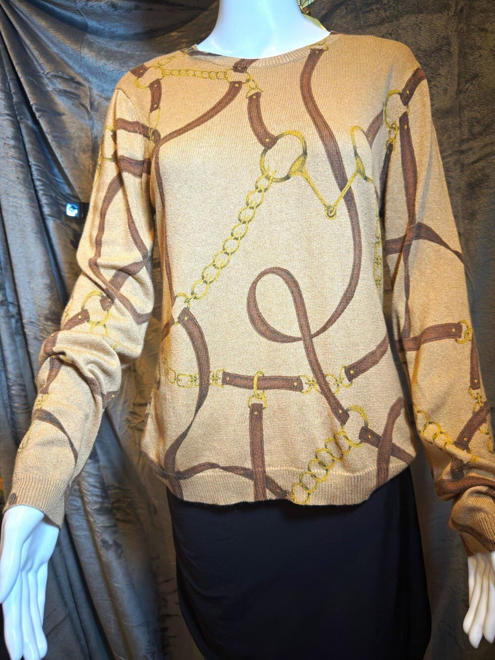 Vintage Lauren Ralph Lauren W L Beige Equestrian Chain Crewneck Silk Cashmere